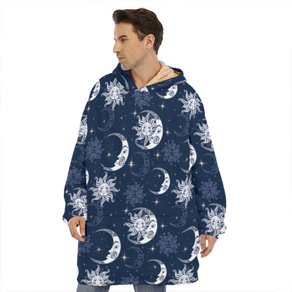 White And Blue Celestial Pattern Print Hoodie Blanket