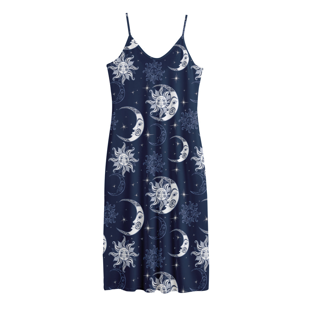 White And Blue Celestial Pattern Print Jersey Midi Cami Dress