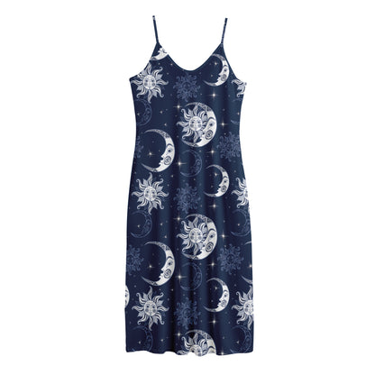 White And Blue Celestial Pattern Print Jersey Midi Cami Dress