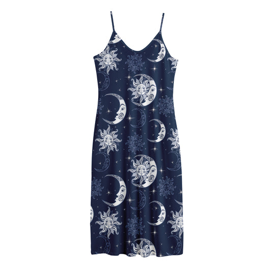 White And Blue Celestial Pattern Print Jersey Midi Cami Dress
