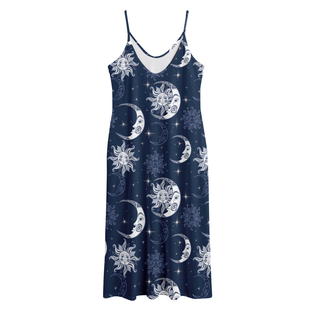 White And Blue Celestial Pattern Print Jersey Midi Cami Dress