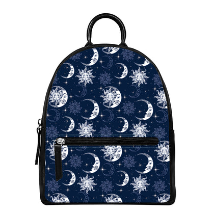 White And Blue Celestial Pattern Print Leather Backpack
