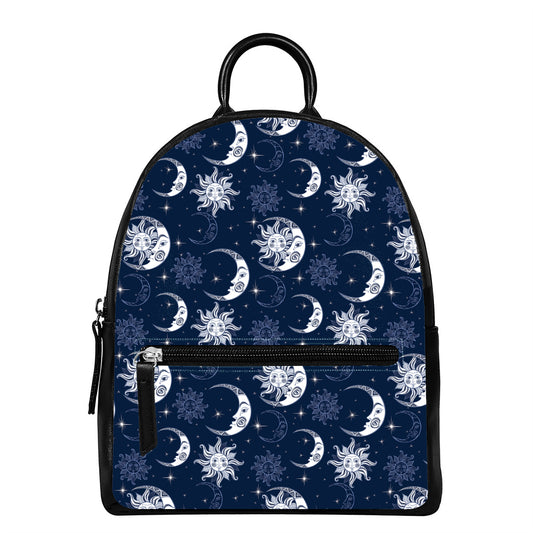 White And Blue Celestial Pattern Print Leather Backpack