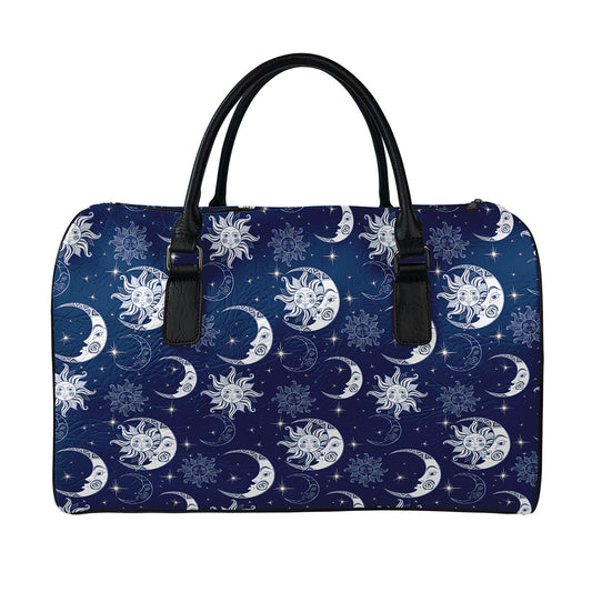 White And Blue Celestial Pattern Print Leather Duffle Bag