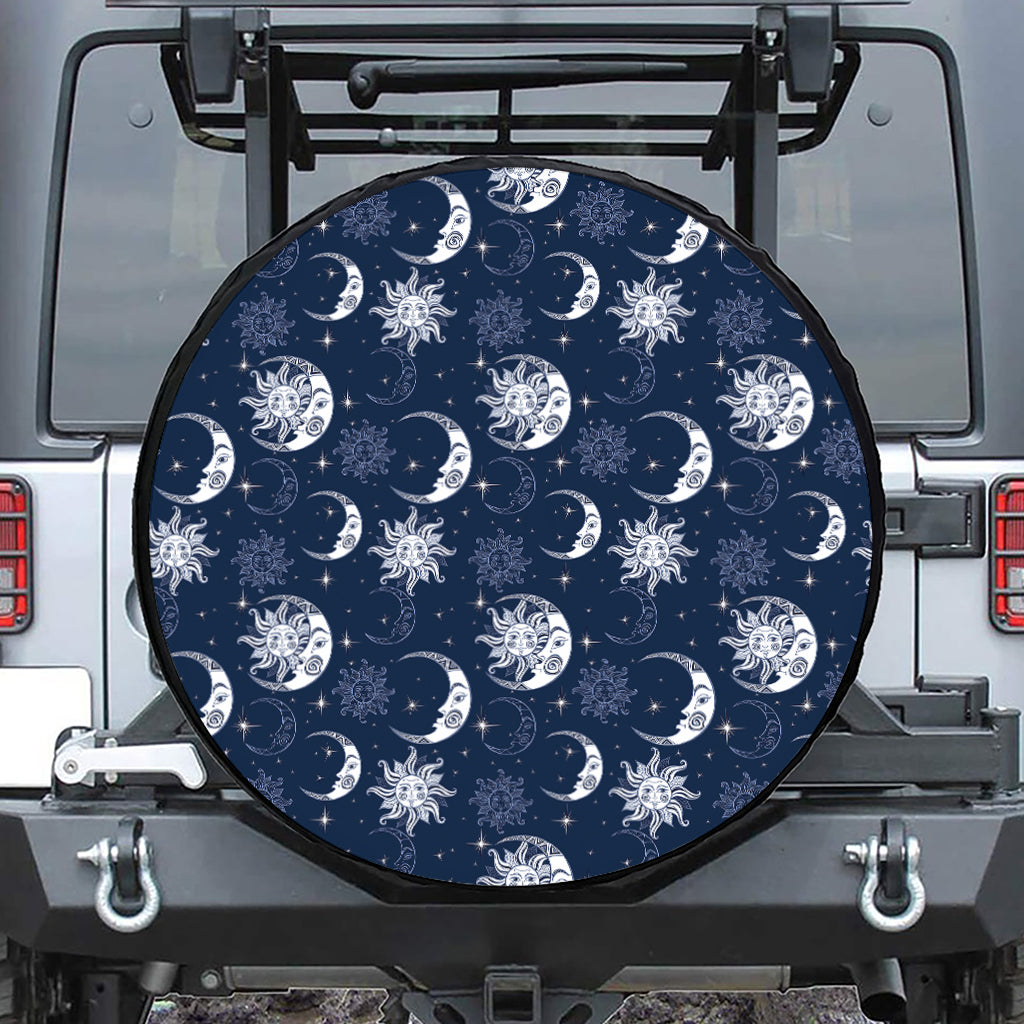 White And Blue Celestial Pattern Print Leather Spare Tire Cover