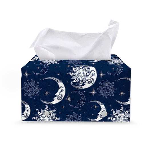 White And Blue Celestial Pattern Print Leather Tissue Box Cover