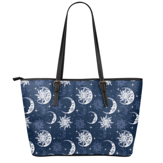White And Blue Celestial Pattern Print Leather Tote Bag