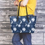 White And Blue Celestial Pattern Print Leather Tote Bag