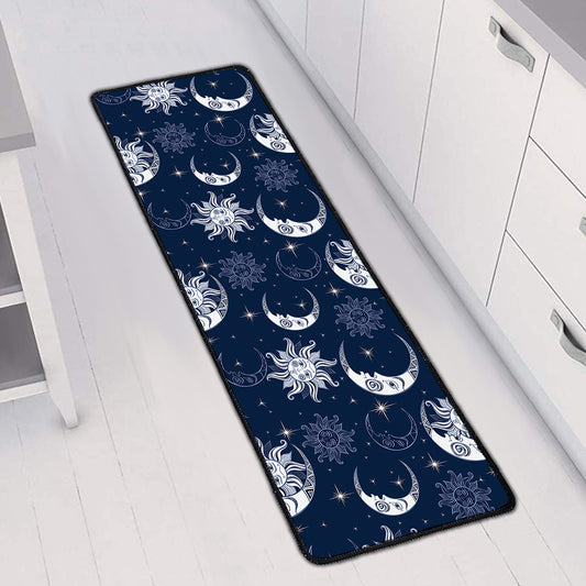 White And Blue Celestial Pattern Print Long Kitchen Mat