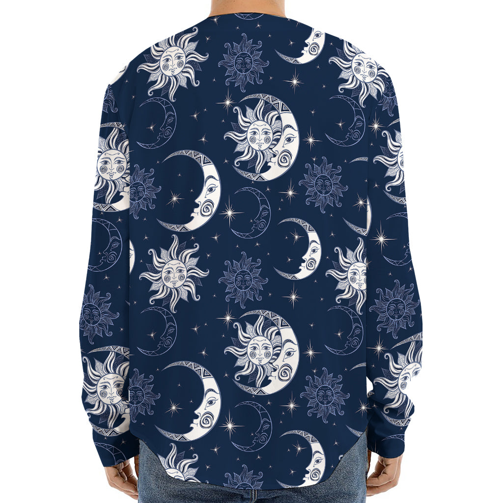 White And Blue Celestial Pattern Print Long Sleeve Baseball Jersey