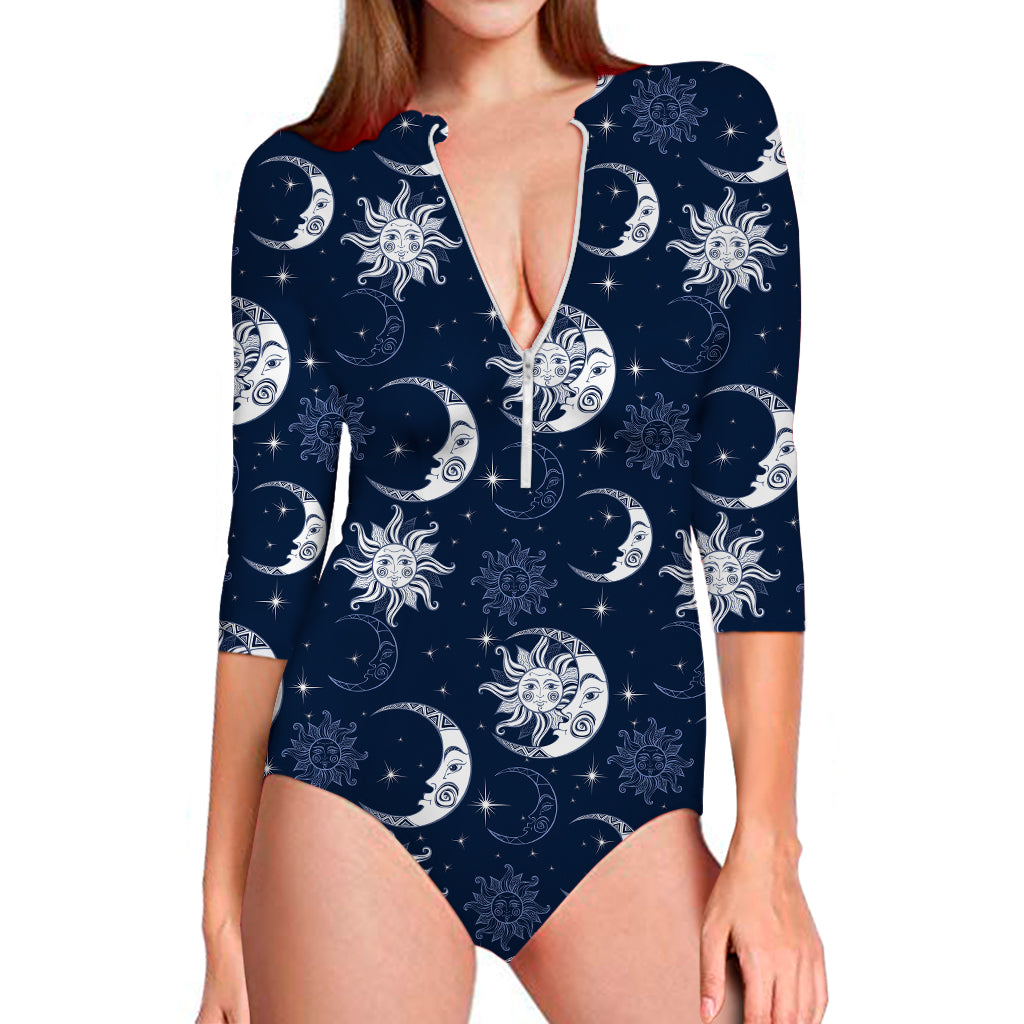 White And Blue Celestial Pattern Print Long Sleeve Swimsuit