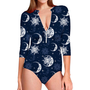 White And Blue Celestial Pattern Print Long Sleeve Swimsuit