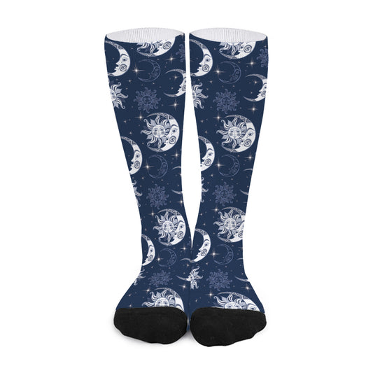 White And Blue Celestial Pattern Print Long Socks