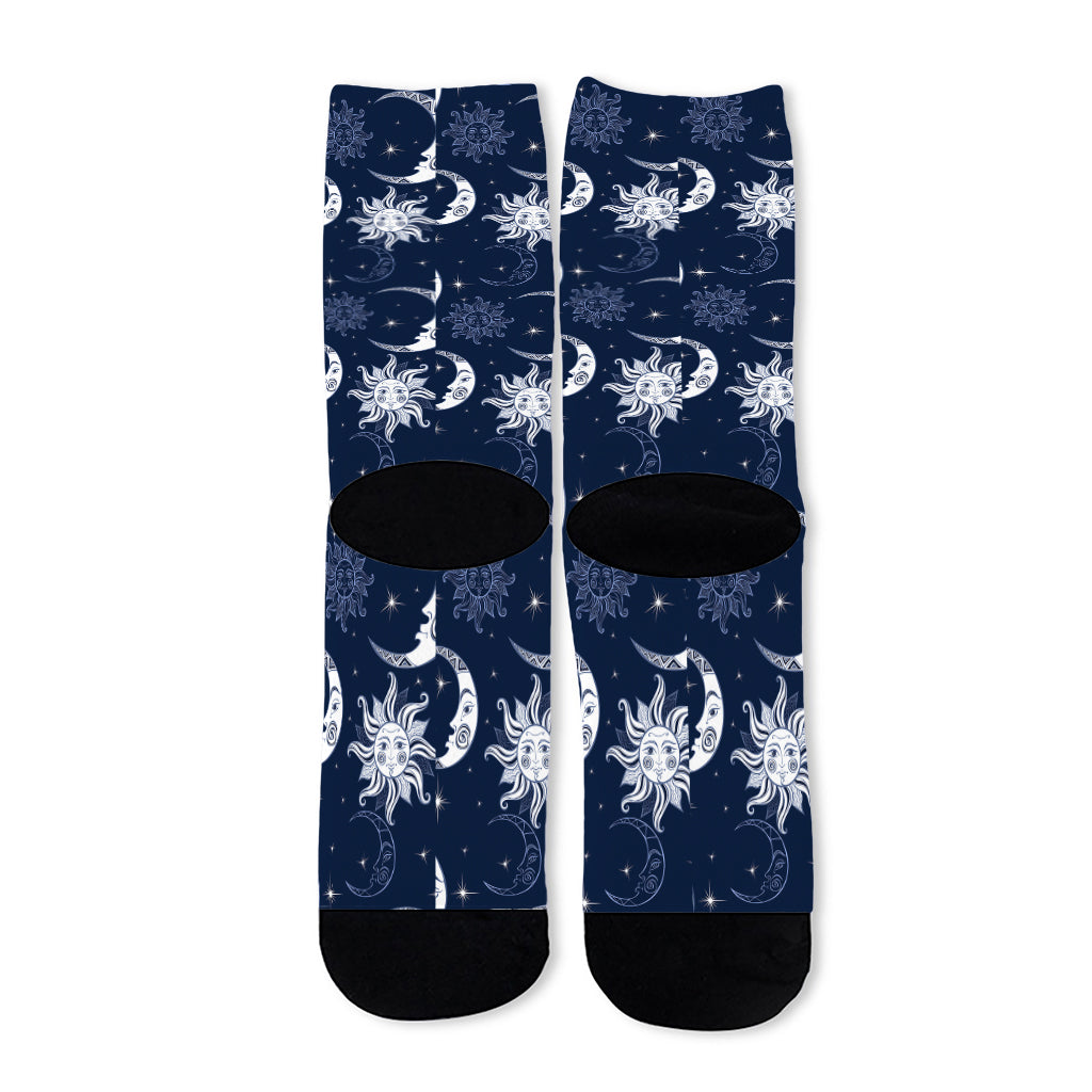 White And Blue Celestial Pattern Print Long Socks