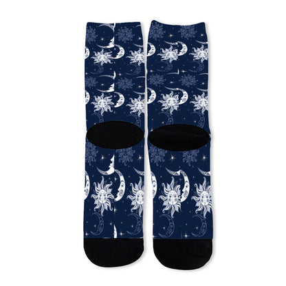 White And Blue Celestial Pattern Print Long Socks