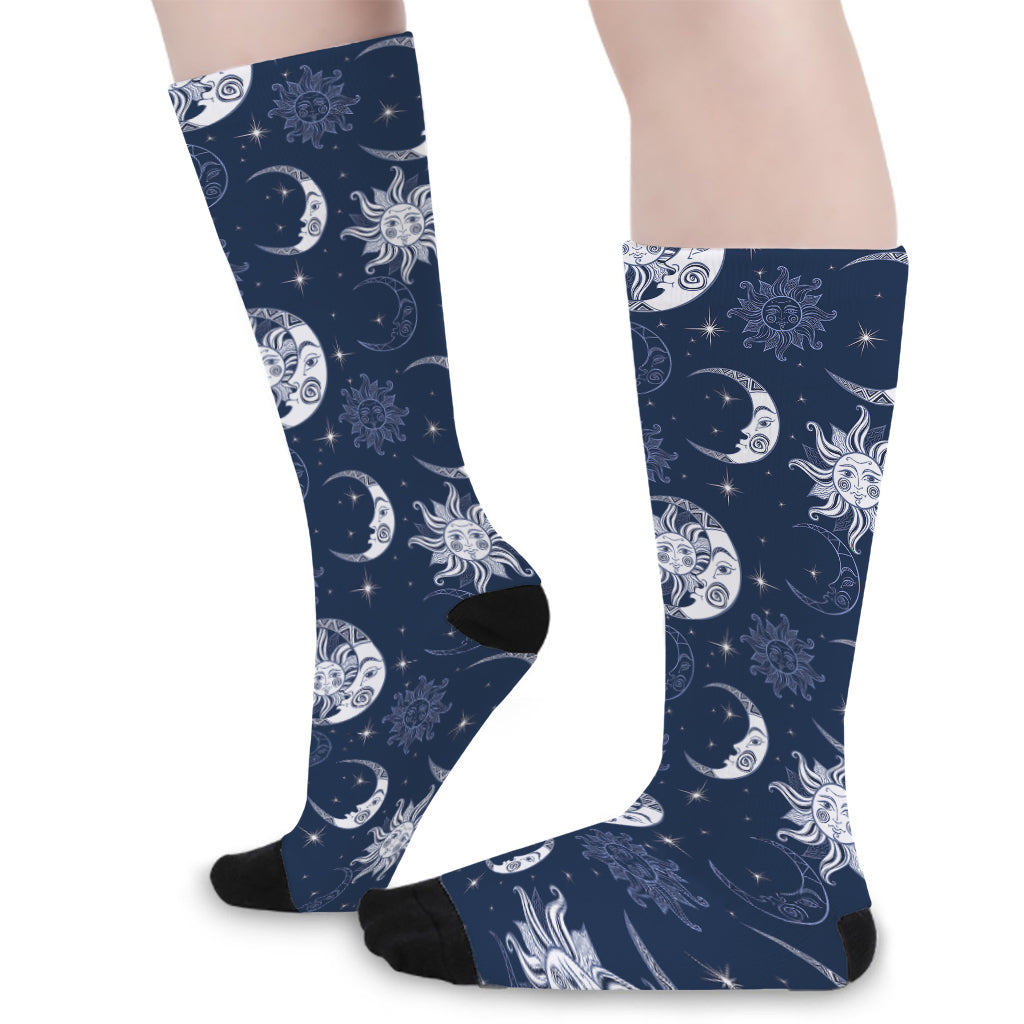 White And Blue Celestial Pattern Print Long Socks