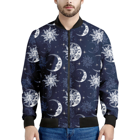 White And Blue Celestial Pattern Print Men's Bomber Jacket