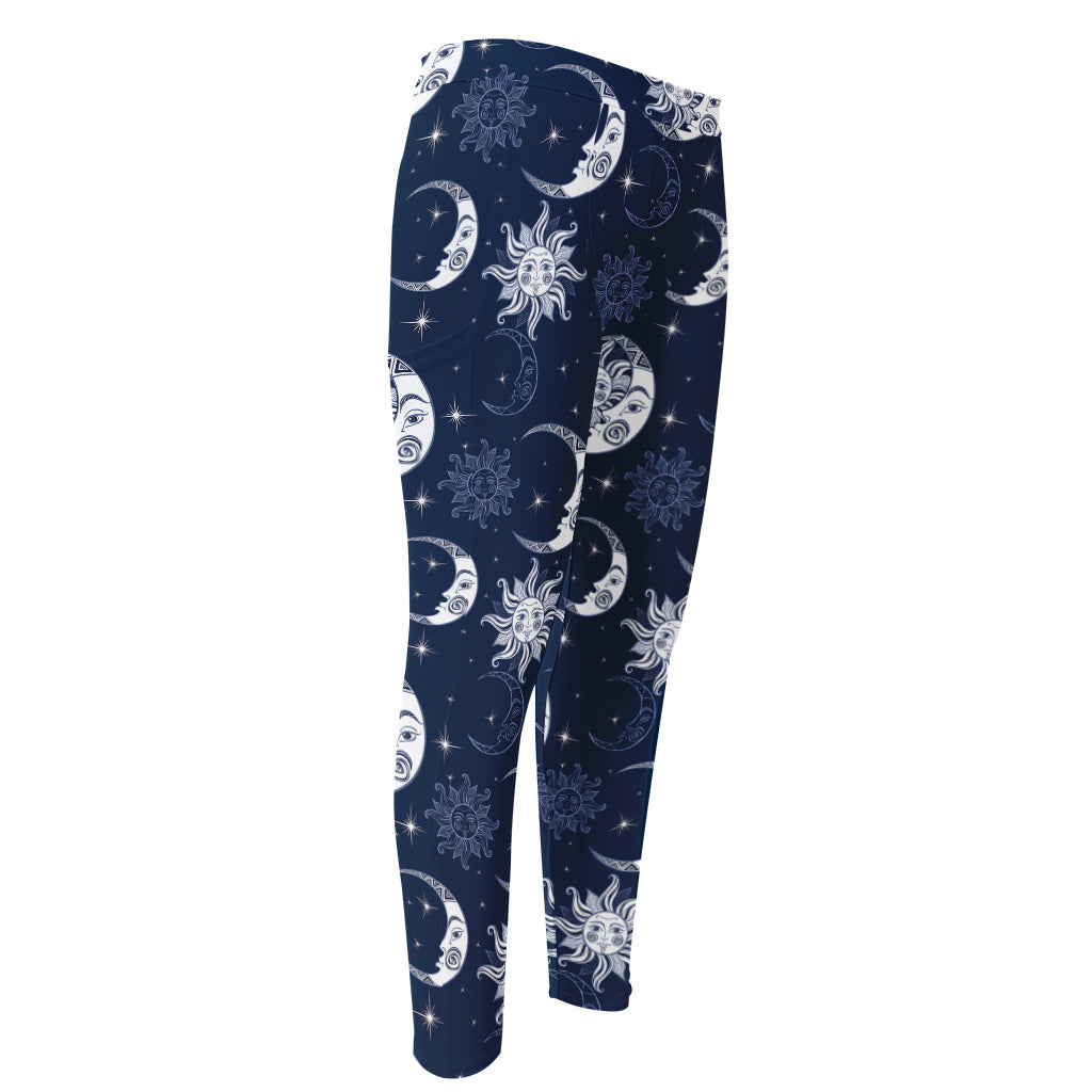 White And Blue Celestial Pattern Print Men's Compression Pants