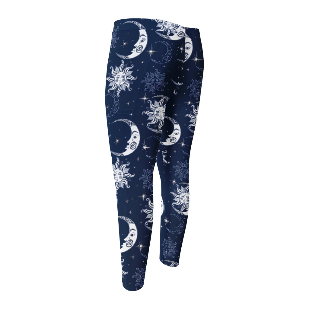 White And Blue Celestial Pattern Print Men's Compression Pants