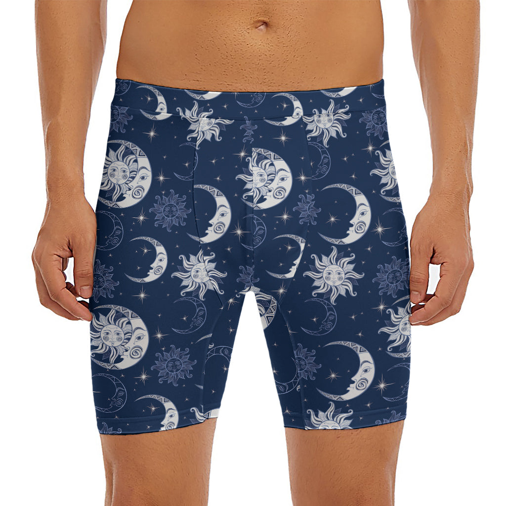 White And Blue Celestial Pattern Print Men's Long Boxer Briefs