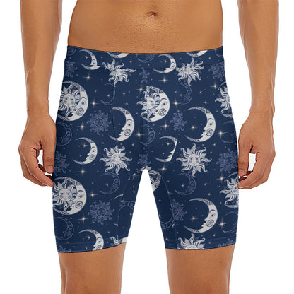 White And Blue Celestial Pattern Print Men's Long Boxer Briefs