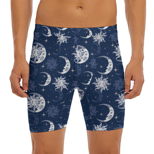 White And Blue Celestial Pattern Print Men's Long Boxer Briefs