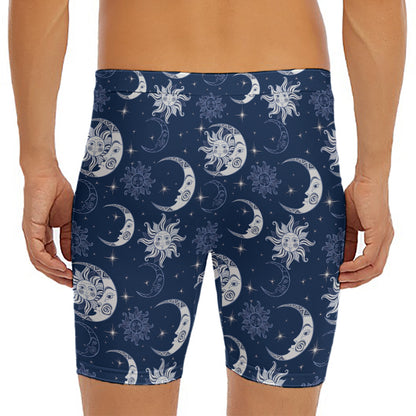 White And Blue Celestial Pattern Print Men's Long Boxer Briefs