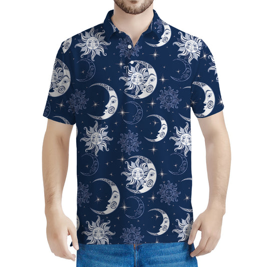 White And Blue Celestial Pattern Print Men's Polo Shirt