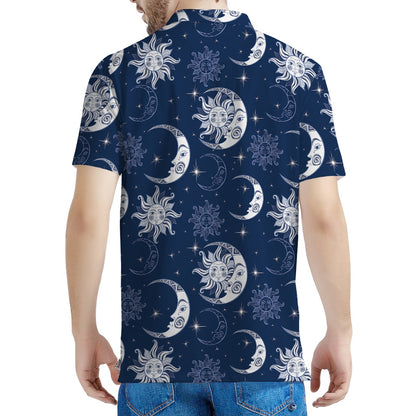 White And Blue Celestial Pattern Print Men's Polo Shirt