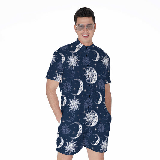 White And Blue Celestial Pattern Print Men's Rompers