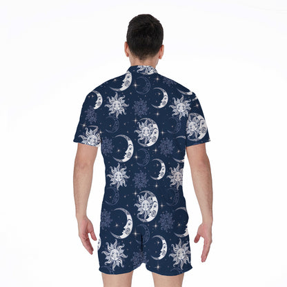 White And Blue Celestial Pattern Print Men's Rompers