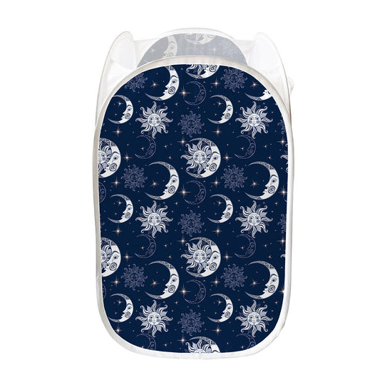 White And Blue Celestial Pattern Print Mesh Laundry Hamper