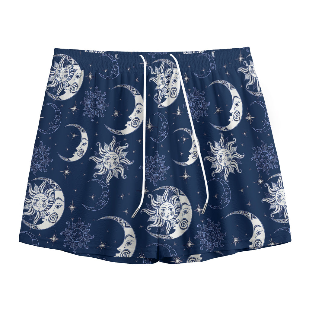 White And Blue Celestial Pattern Print Mesh Shorts