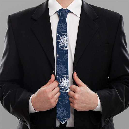 White And Blue Celestial Pattern Print Necktie