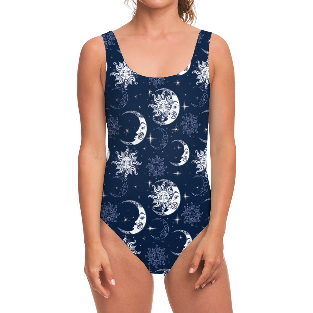 White And Blue Celestial Pattern Print One Piece Swimsuit