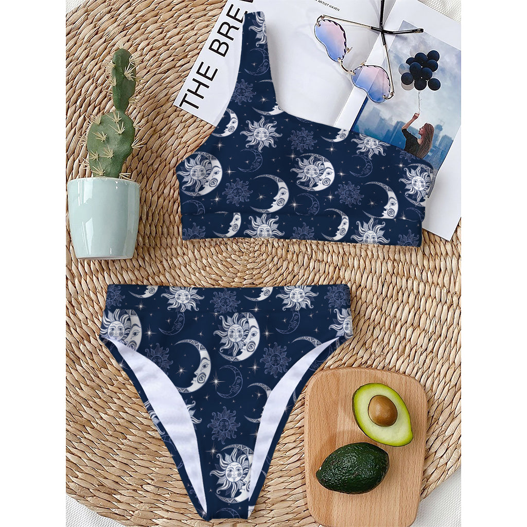 White And Blue Celestial Pattern Print One Shoulder Bikini Top