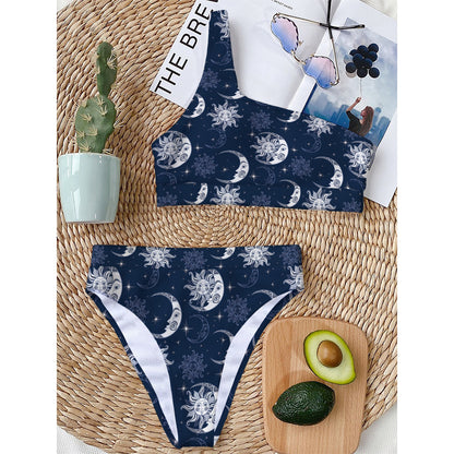 White And Blue Celestial Pattern Print One Shoulder Bikini Top