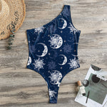 White And Blue Celestial Pattern Print One Shoulder Bodysuit