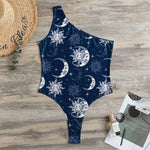 White And Blue Celestial Pattern Print One Shoulder Bodysuit