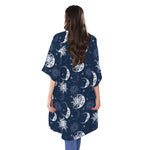 White And Blue Celestial Pattern Print Open Front Beach Cover Up