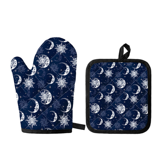 White And Blue Celestial Pattern Print Oven Mitt And Pot Holder Set