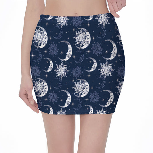 White And Blue Celestial Pattern Print Pencil Mini Skirt