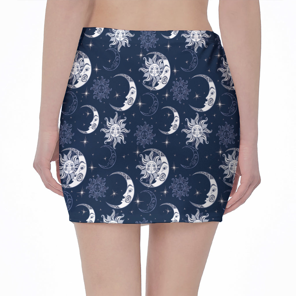 White And Blue Celestial Pattern Print Pencil Mini Skirt