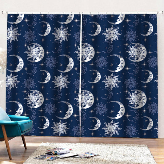 White And Blue Celestial Pattern Print Pencil Pleat Curtains