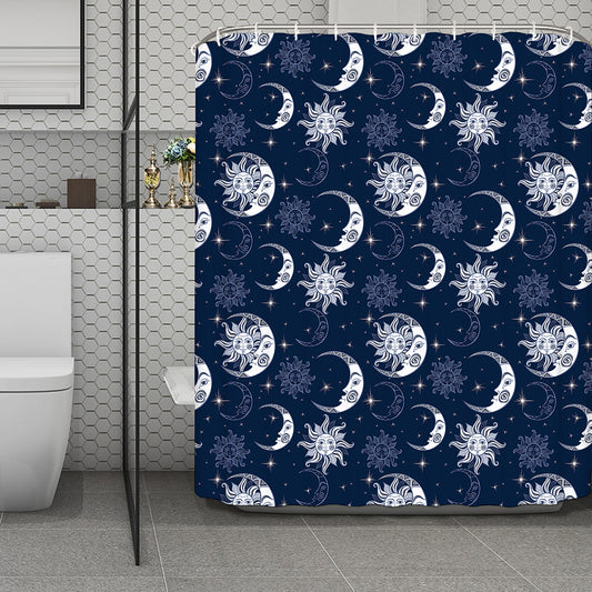 White And Blue Celestial Pattern Print Polyester Shower Curtain