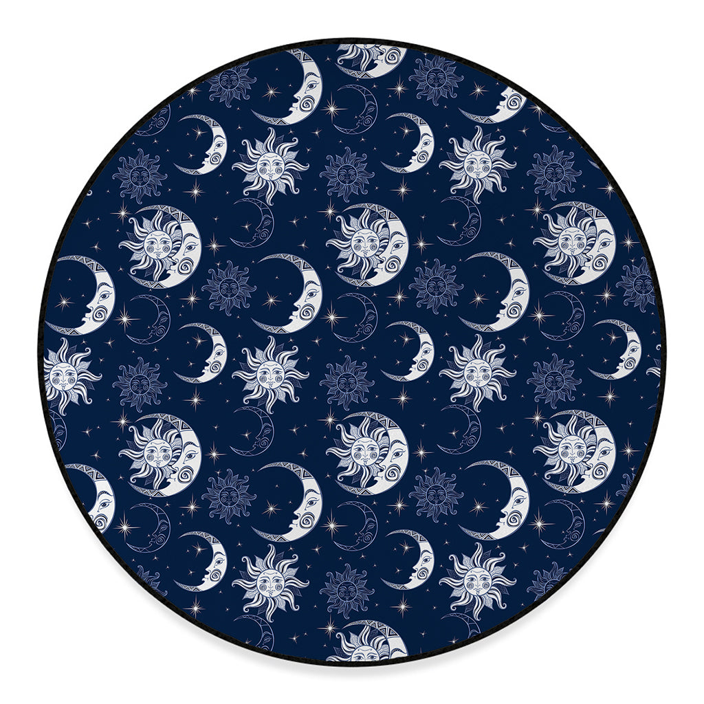 White And Blue Celestial Pattern Print Round Floor Mat