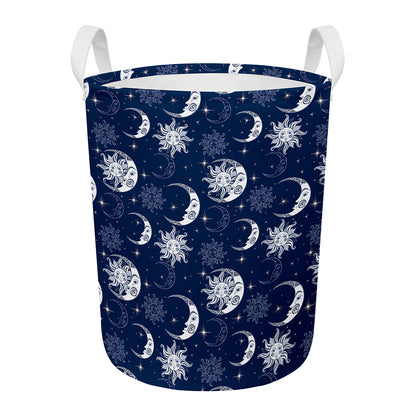 White And Blue Celestial Pattern Print Round Laundry Basket