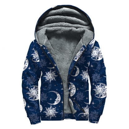 White And Blue Celestial Pattern Print Sherpa Lined Zip Up Hoodie