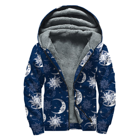 White And Blue Celestial Pattern Print Sherpa Lined Zip Up Hoodie