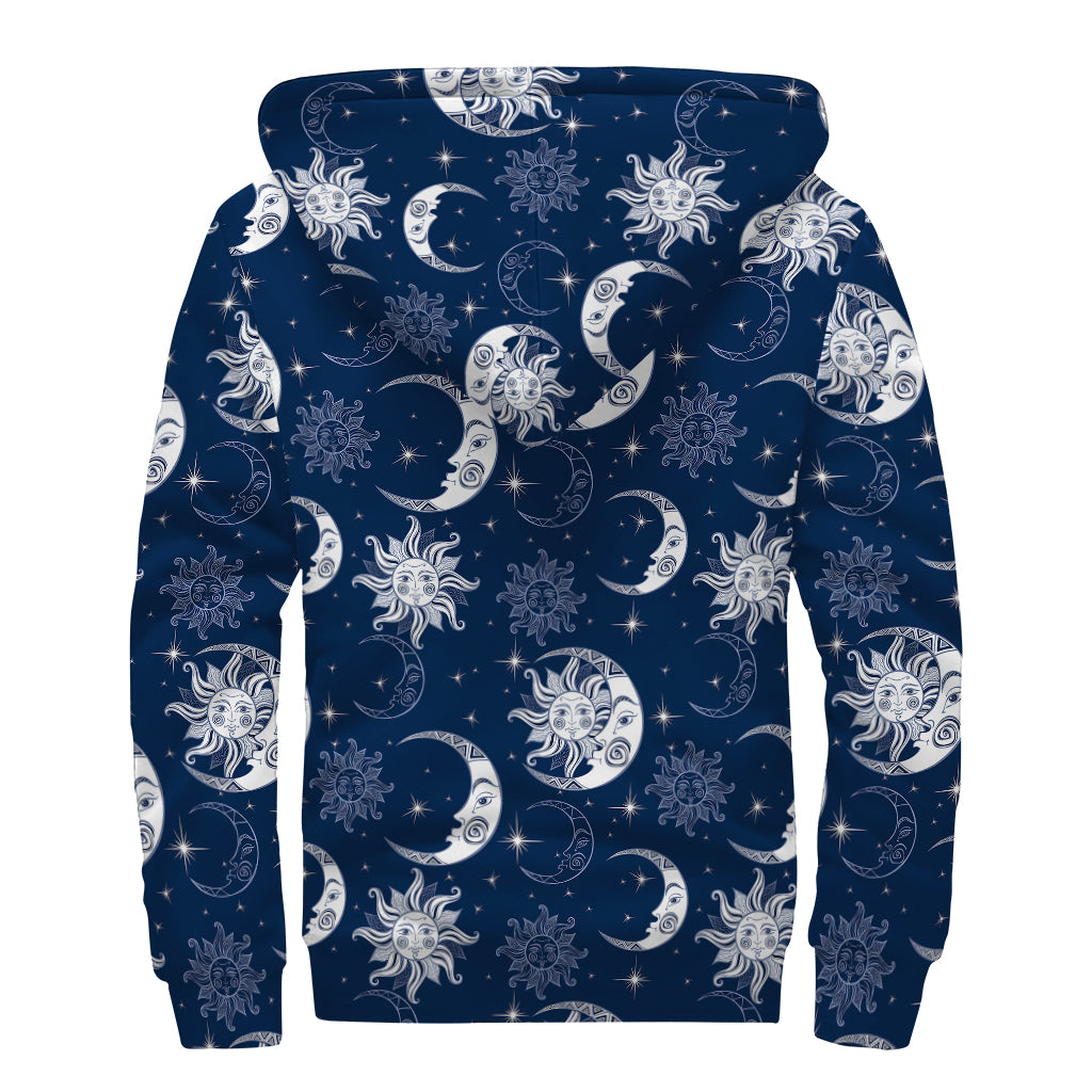 White And Blue Celestial Pattern Print Sherpa Lined Zip Up Hoodie